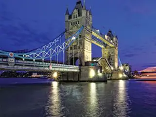 View of Tower Bridge in London, England at night