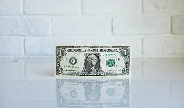 USD $1 on a white brick background